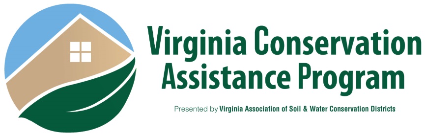 Logo of the Virginia Conservation Assistance Program featuring a stylized house and leaf design, with text indicating the program's name and the presenting organization.